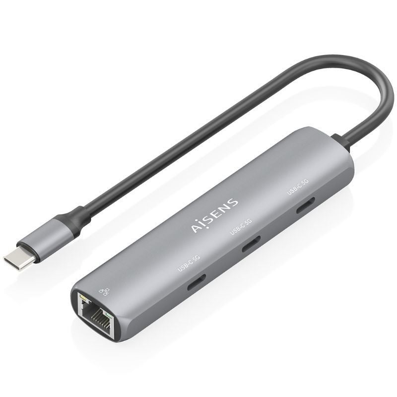 Hub USB Tipo-C Aisens ASUC-4P041-GR/ 3xUSB Tipo-C/ 1xRJ45/ Cinzento