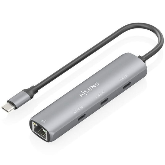 Hub USB Tipo-C Aisens ASUC-4P041-GR/ 3xUSB Tipo-C/ 1xRJ45/ Cinzento