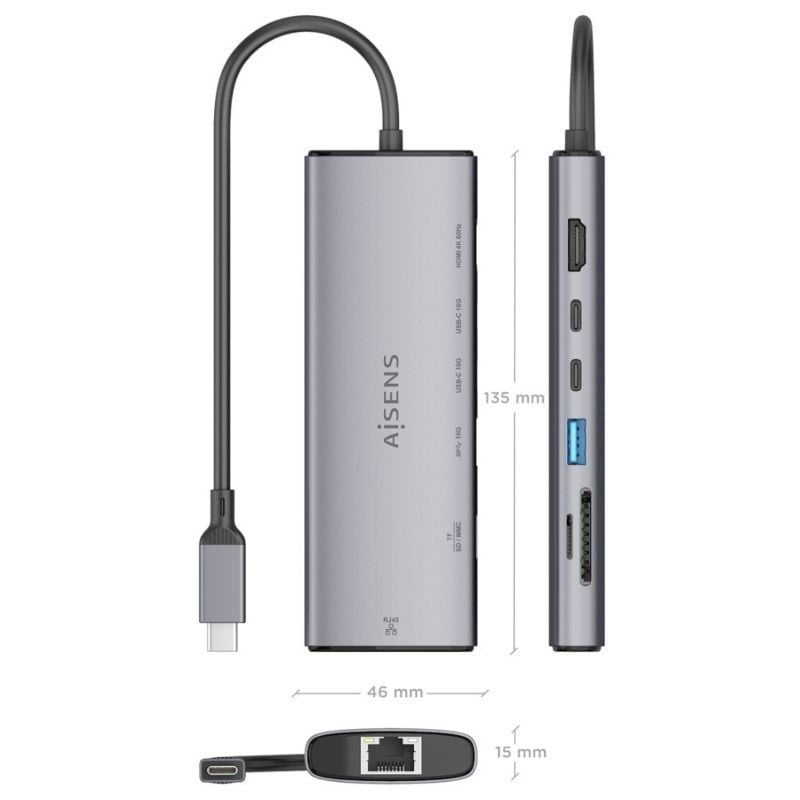 Docking USB Tipo-C Aisens ASUC-7P032-GR/ 1xHDMI 4K/ 1xUSB/ 2xUSB Tipo-C/ 1xRJ45/ 1xLeitor Cartões/ Cinzento