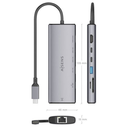 Docking USB Tipo-C Aisens ASUC-7P032-GR/ 1xHDMI 4K/ 1xUSB/ 2xUSB Tipo-C/ 1xRJ45/ 1xLeitor Cartões/ Cinzento