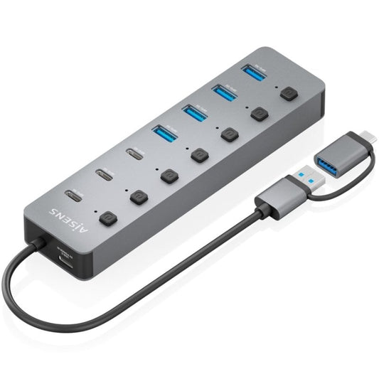 Hub USB Tipo-C + USB 3.1 Aisens ASUC-8P043-GR/ 4xUSB/ 3xUSB Tipo-C/ 1xUSB Tipo-C PD/ Cinzento