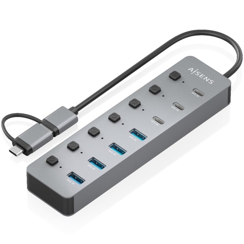 Hub USB Tipo-C + USB 3.1 Aisens ASUC-8P043-GR/ 4xUSB/ 3xUSB Tipo-C/ 1xUSB Tipo-C PD/ Cinzento