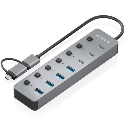 Hub USB Tipo-C + USB 3.1 Aisens ASUC-8P043-GR/ 4xUSB/ 3xUSB Tipo-C/ 1xUSB Tipo-C PD/ Cinzento
