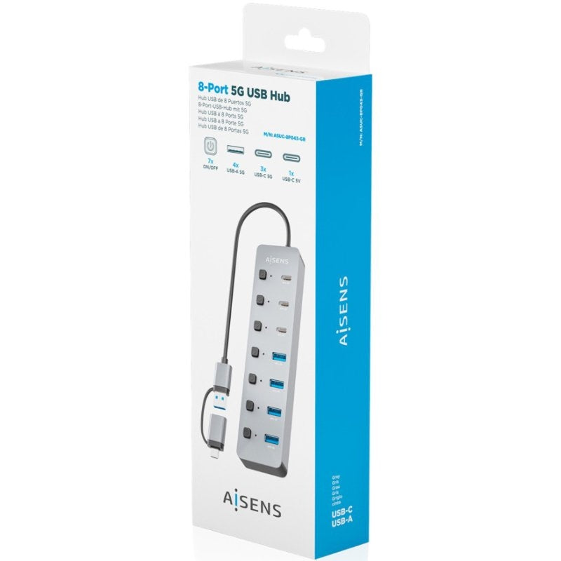 Hub USB Tipo-C + USB 3.1 Aisens ASUC-8P043-GR/ 4xUSB/ 3xUSB Tipo-C/ 1xUSB Tipo-C PD/ Cinzento