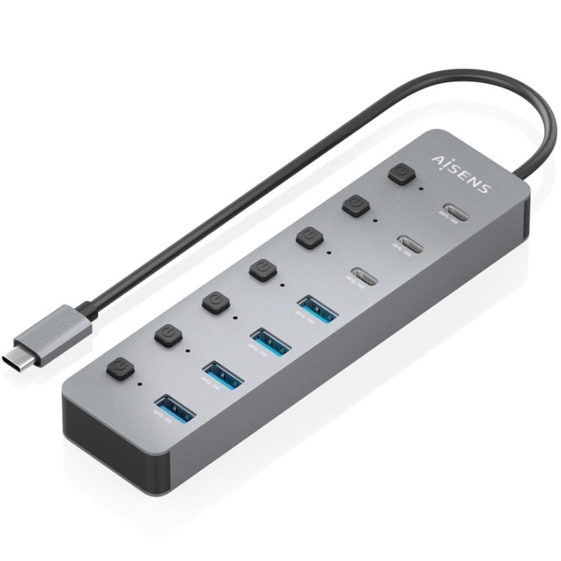 Hub USB Tipo-C 3.2 Aisens ASUC-8P044-GR/ 4xUSB/ 3xUSB Tipo-C/ 1xUSB Tipo-C PD/ Cinzento