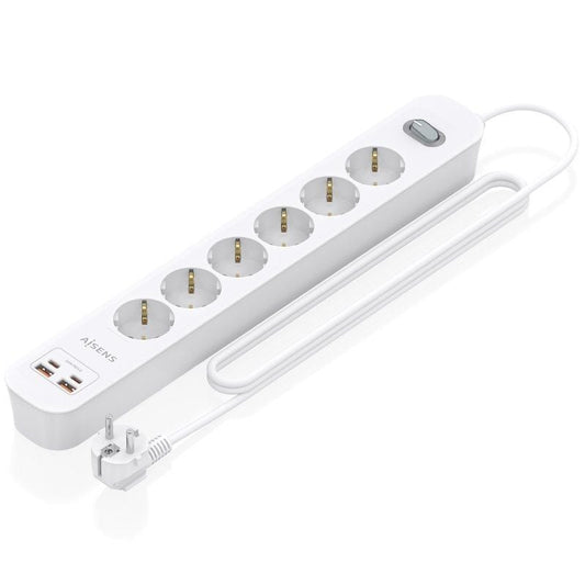 Regleta con Interruptor Aisens ASPS-2A2C16-W/ 6 Tomas de Corriente/ 2 USB - 2 USB Tipo-C/ Cable 1.4m/ Blanco