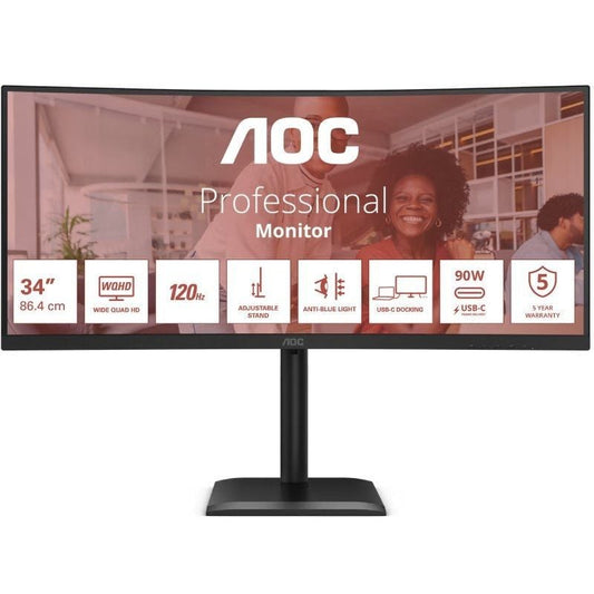 Monitor Profissional Ultrapanorâmico Curvo AOC CU34E4CV 34"/ WQHD/ Multimédia/ Regulável em altura/ Preto