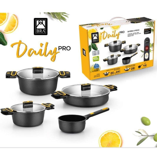 Conjunto de 4 Panelas Bra Daily Pro/ Ø16cm/ Ø20cm/ Ø24cm/ Ø28cm/ Adequado para Indução