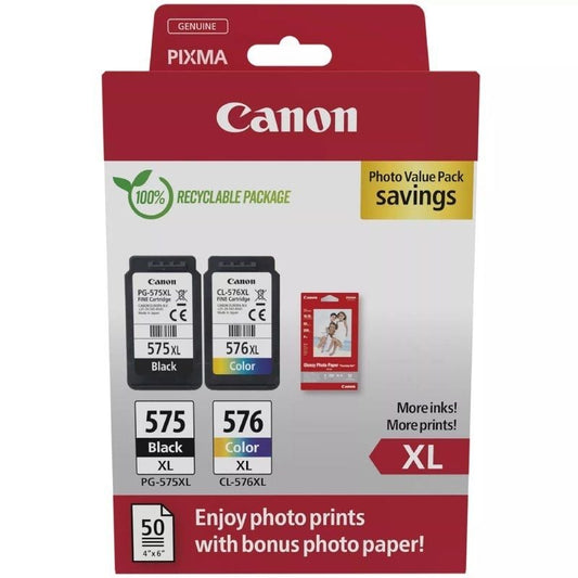 Cartucho Tinteiro Original Canon PG-575XL + CL576XL Multipack Alta Capacidade/ Preto/ Tricolor + Papel Fotográfico