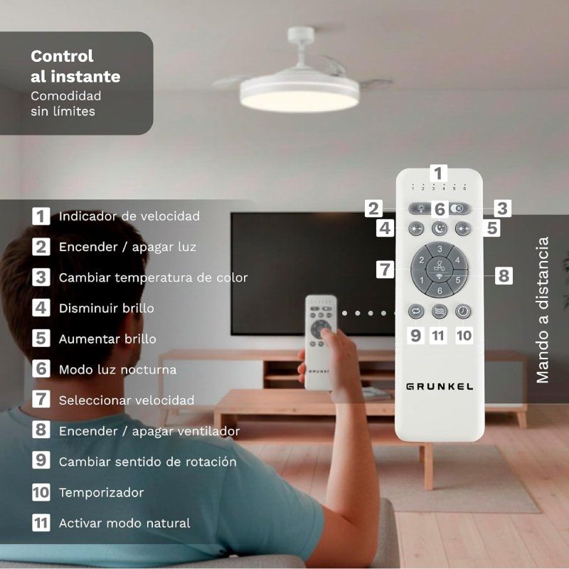 Ventilador de Teto Grunkel SKYWHITE42/ 30W/ 3 Pás 106cm/ 6 Velocidades