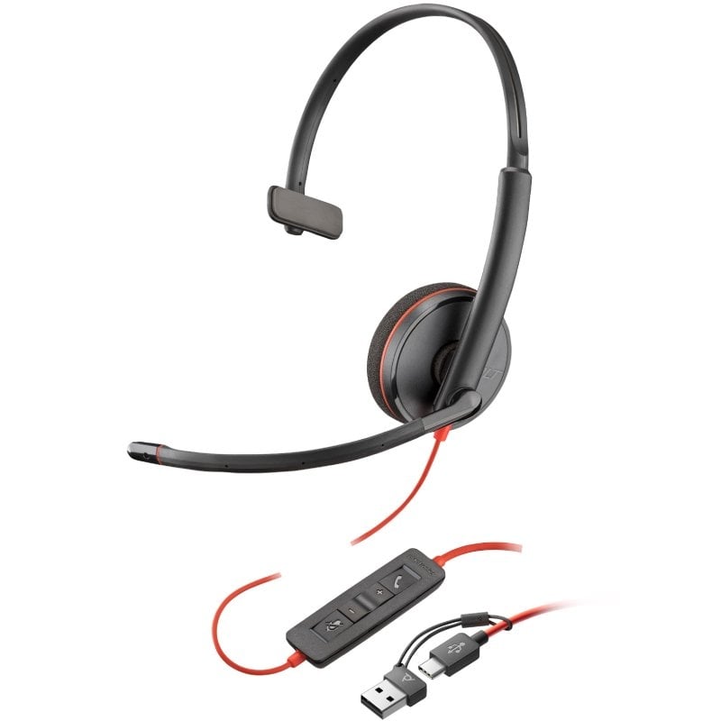 Auricular Poly Blackwire 3210 + Adaptador USB-C/A/ com Microfone/ USB Tipo-C/ Preto