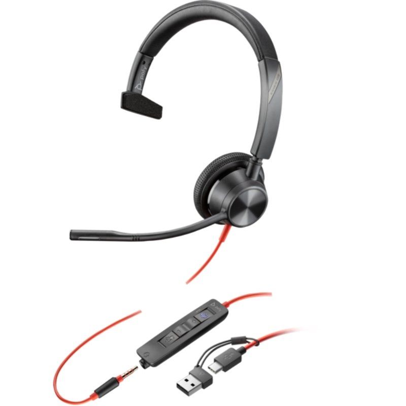 Auricular Poly Blackwire 3315 para Microsoft Teams + Adaptador USB-C/A/ com Microfone/ Jack 3.5/ Preto
