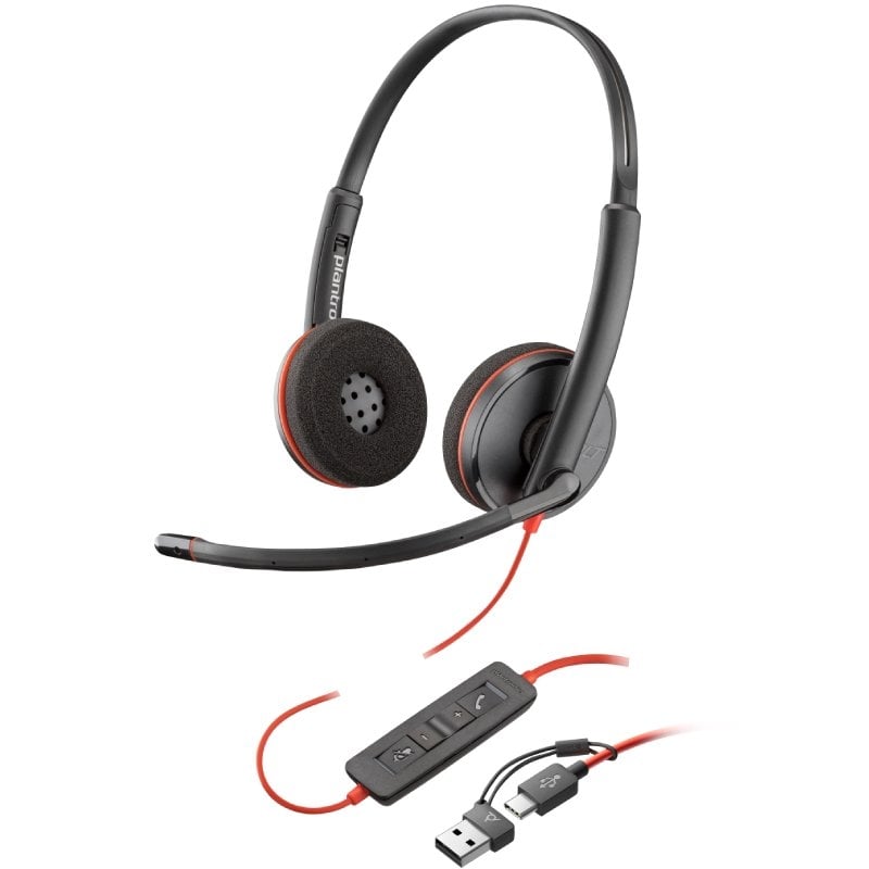 Auscultadores Poly Blackwire 3220 + Adaptador USB-C/A/ com Microfone/ USB Tipo-C/ Preto