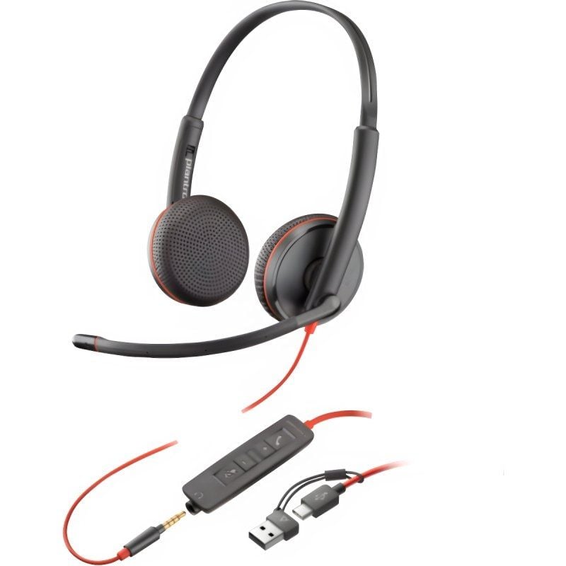 Auscultadores Poly Blackwire 3225 + 3.5 mm + Adaptador USB-C/A/ com Microfone/ Jack 3.5 - USB Tipo-C/ Bulk/ Pretos
