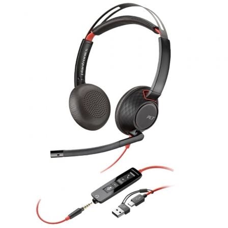 Auriculares Poly Blackwire 5220 USB-C + 3.5 mm + Adaptador USB-C/A/ con Micrófono/ Jack 3.5 - USB Tipo-C/ Bulk/ Negros