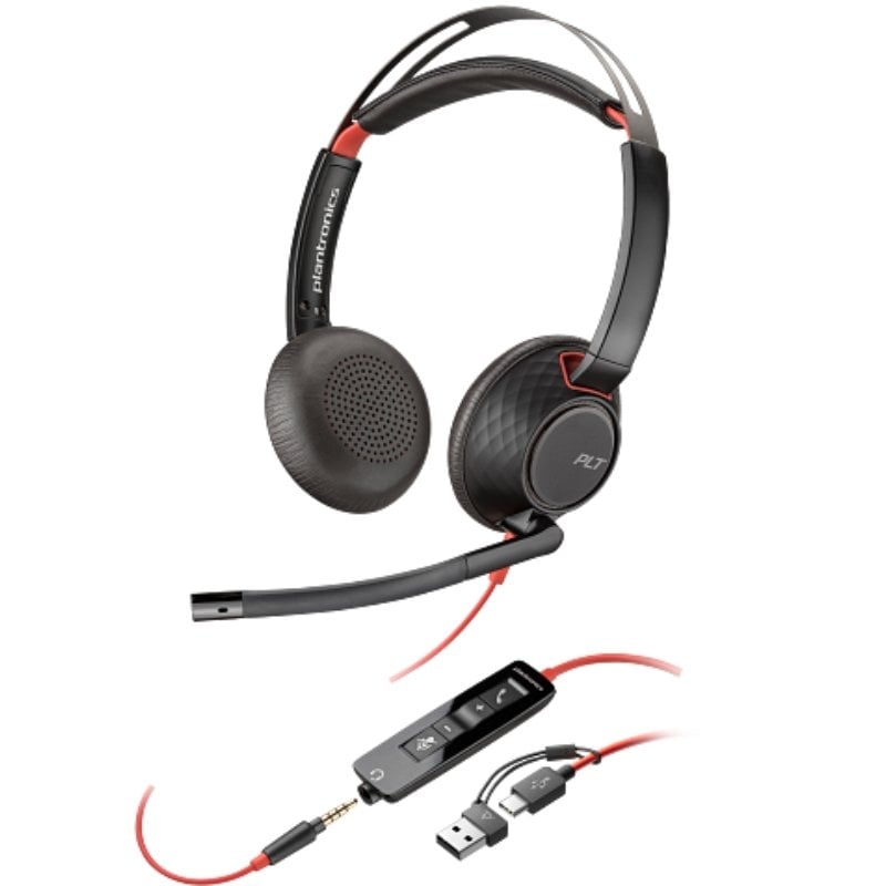 Auscultadores Poly Blackwire 5220 + Adaptador USB-C/A/ com Microfone/ Jack 3.5mm/ Preto