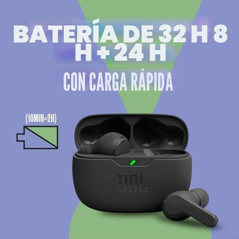 Auriculares Bluetooth JBL Vibe Beam con estuche de carga/ Autonomía 8h/ Negra
