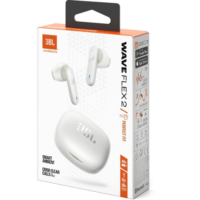 Auscultadores Bluetooth JBL Wave Flex 2 com caixa de carregamento/ Autonomia 10h/ Brancos