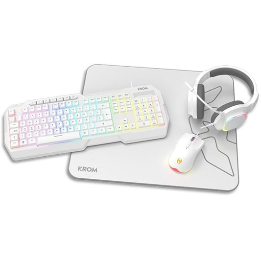Pack Gaming Krom Kenta/ Teclado RGB + Rato + Tapete + Auscultadores/ Branco