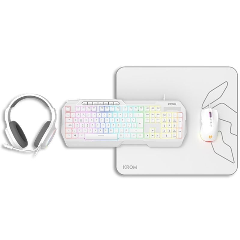 Pack Gaming Krom Kenta/ Teclado RGB + Rato + Tapete + Auscultadores/ Branco