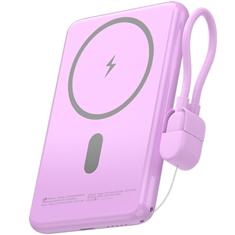 Powerbank 5000mAh Leotec LEPOWW20W5P/ 20W/ Wireless/ Púrpura/ Incluye Cable USB Tipo-C