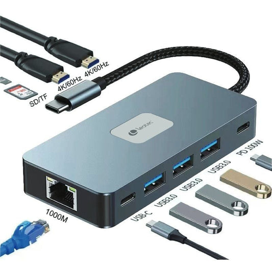 Docking USB Tipo-C Leotec LEDS02/ 3xUSB/ 1xUSB Tipo-C/ 1xUSB Tipo-C PD/ 2xHDMI 4K/ 1xRJ45/ 1xLeitor de Cartões SD e MicroSD/ Cinzento