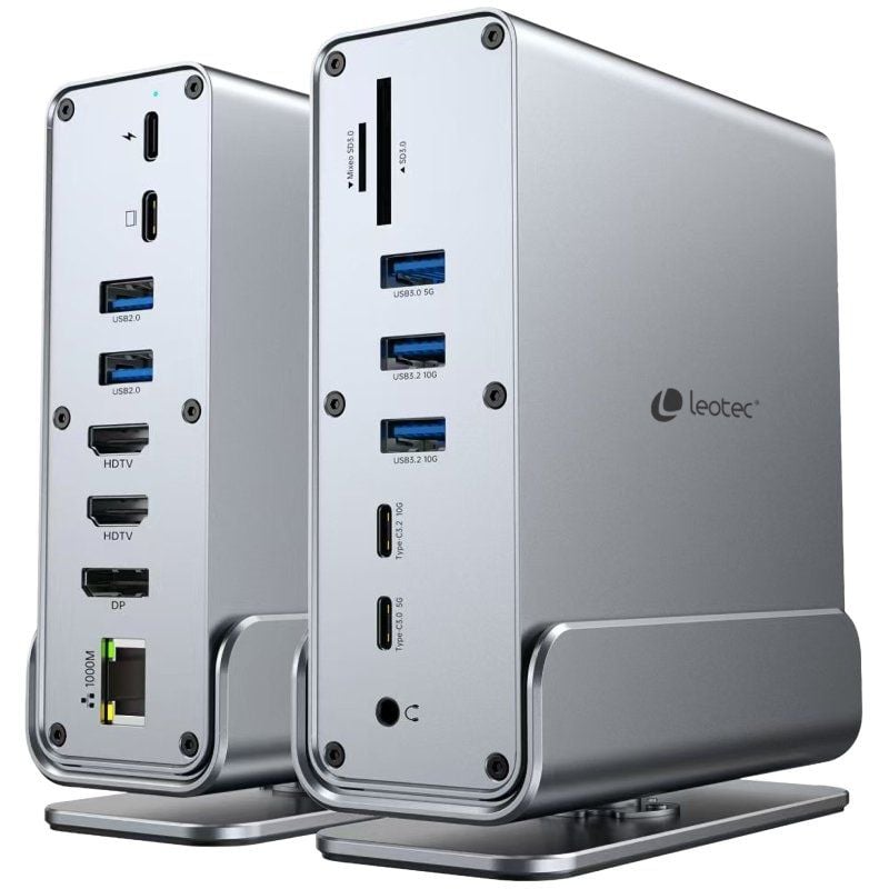 Docking USB Tipo-C Leotec LEDS06/ 5xUSB/ 2xUSB Tipo-C/ 1xUSB Tipo-C PD/ 1xDisplayPort/ 2xHDMI 4K/ 1xRJ45/ 1xJack 3.5/ 1xLeitor de Cartões/ Cinzento