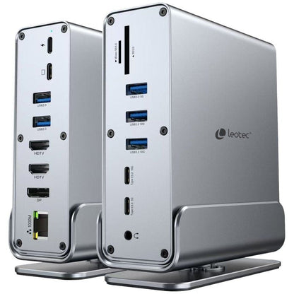 Docking USB Tipo-C Leotec LEDS06/ 5xUSB/ 2xUSB Tipo-C/ 1xUSB Tipo-C PD/ 1xDisplayPort/ 2xHDMI 4K/ 1xRJ45/ 1xJack 3.5/ 1xLeitor de Cartões/ Cinzento