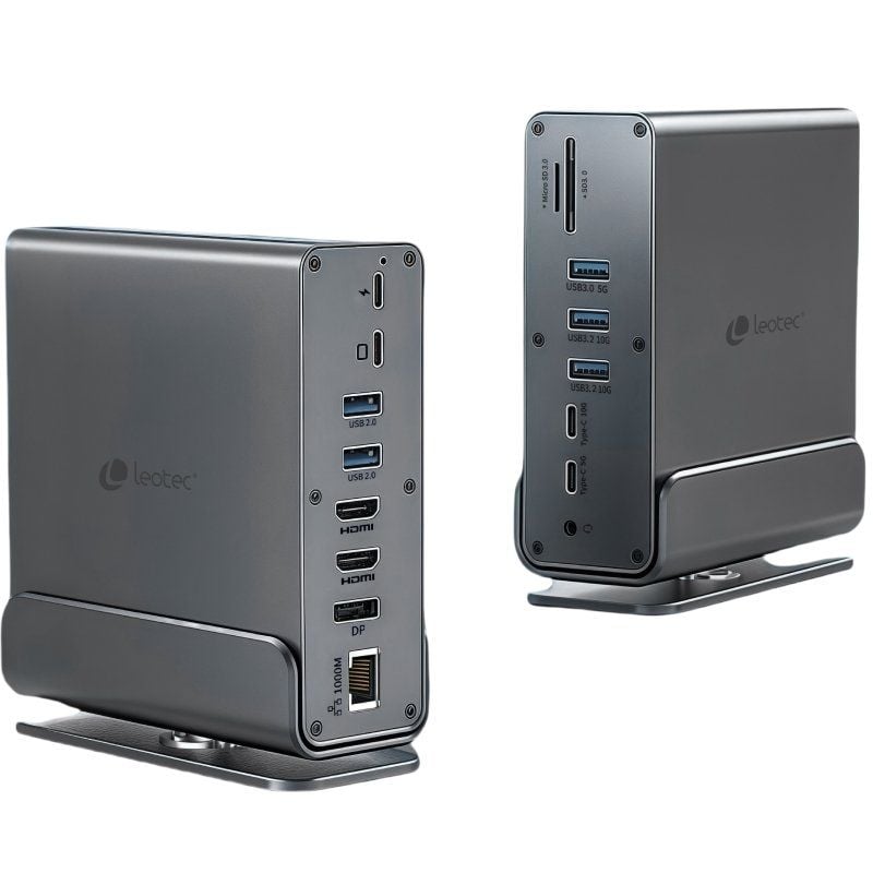Docking USB Tipo-C Leotec LEDS06/ 5xUSB/ 2xUSB Tipo-C/ 1xUSB Tipo-C PD/ 1xDisplayPort/ 2xHDMI 4K/ 1xRJ45/ 1xJack 3.5/ 1xLeitor de Cartões/ Cinzento
