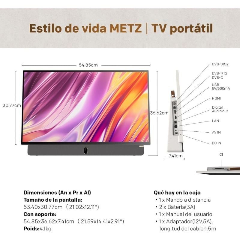 Televisor Portátil Metz 24MPE7000Z 24"/ Full HD/ Smart TV/ WiFi