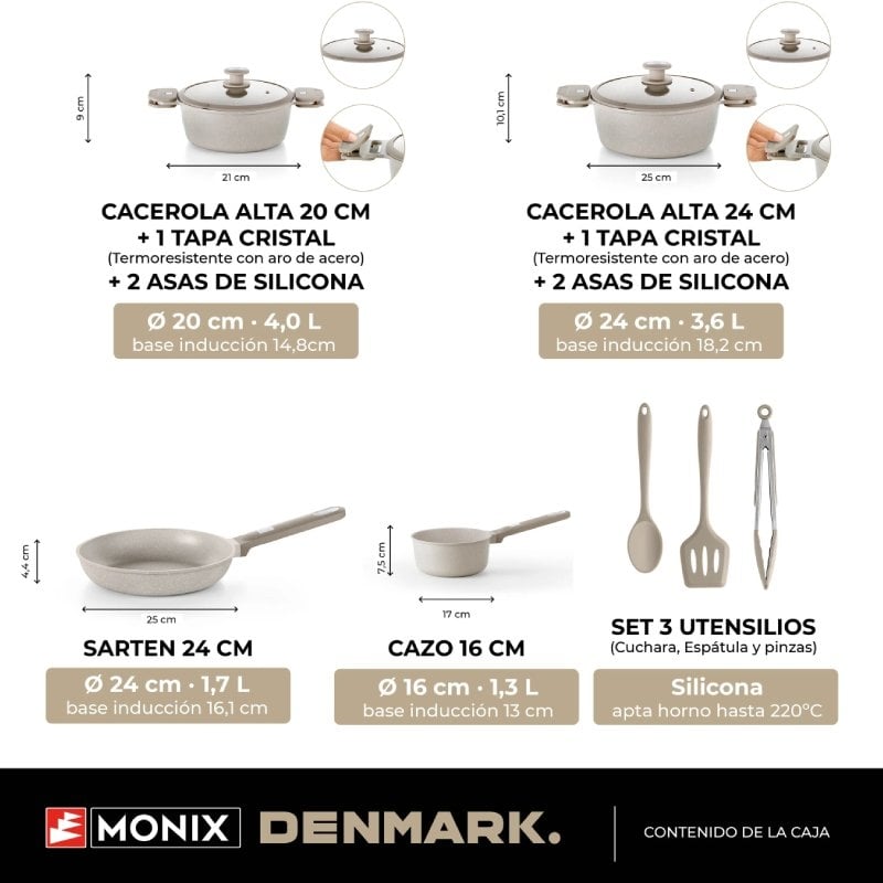 Pack Bateria de Cozinha Monix Denmark/ Tacho Ø16cm/ Frigideira Ø24cm/ Panelas Ø20 - 24cm/ Alumínio Fundido/ Adequado para Indução