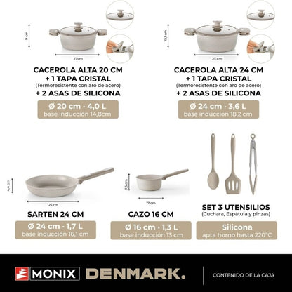 Pack Bateria de Cozinha Monix Denmark/ Tacho Ø16cm/ Frigideira Ø24cm/ Panelas Ø20 - 24cm/ Alumínio Fundido/ Adequado para Indução