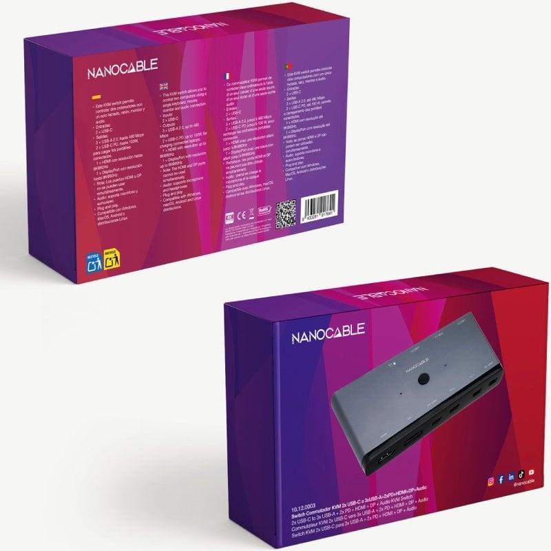 Switch Conmutador 8K Nanocable 10.12.0003/ 1x HDMI/ 1x DisplayPort/ 3x USB/ 2x USB Tipo-C/ 1x Jack 3.5mm/ 2x USB Tipo-C PD