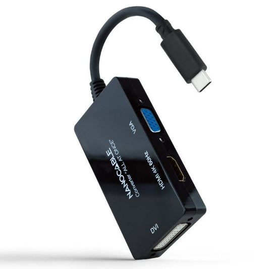 Conversor Nanocable 10.16.4301-ALL/ USB Tipo-C Macho - HDMI Fêmea - DVI-I Fêmea - VGA Fêmea/ 20cm/ Preto