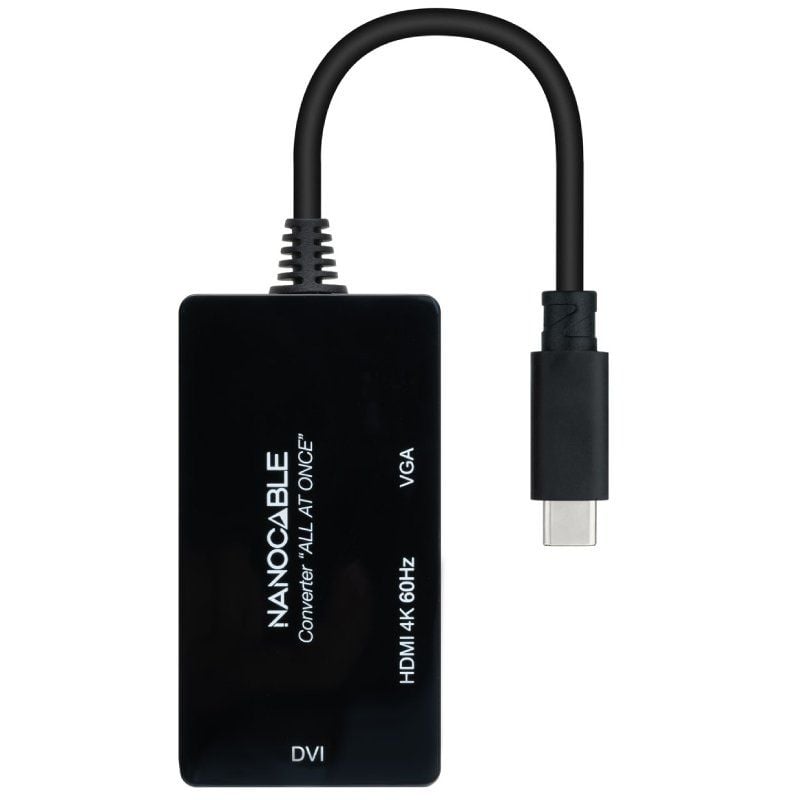 Conversor Nanocable 10.16.4301-ALL/ USB Tipo-C Macho - HDMI Fêmea - DVI-I Fêmea - VGA Fêmea/ 20cm/ Preto