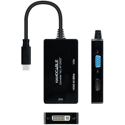 Conversor Nanocable 10.16.4301-ALL/ USB Tipo-C Macho - HDMI Fêmea - DVI-I Fêmea - VGA Fêmea/ 20cm/ Preto