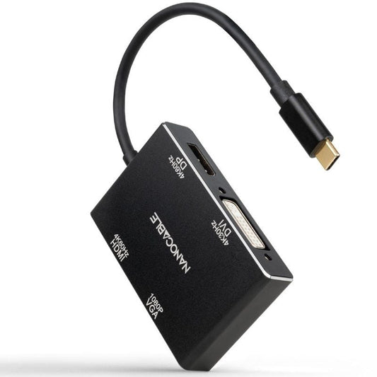 Conversor Nanocable 10.16.4307/ USB Tipo-C Macho - VGA Fêmea/ DVI Fêmea/ HDMI Fêmea/ DisplayPort Fêmea/ 10cm/ Preto