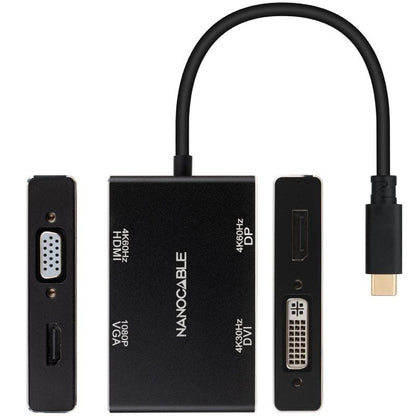 Conversor Nanocable 10.16.4307/ USB Tipo-C Macho - VGA Fêmea/ DVI Fêmea/ HDMI Fêmea/ DisplayPort Fêmea/ 10cm/ Preto