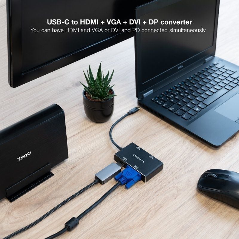 Conversor Nanocable 10.16.4307/ USB Tipo-C Macho - VGA Fêmea/ DVI Fêmea/ HDMI Fêmea/ DisplayPort Fêmea/ 10cm/ Preto