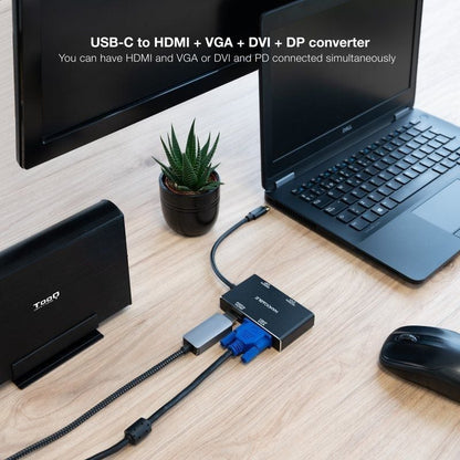 Conversor Nanocable 10.16.4307/ USB Tipo-C Macho - VGA Fêmea/ DVI Fêmea/ HDMI Fêmea/ DisplayPort Fêmea/ 10cm/ Preto