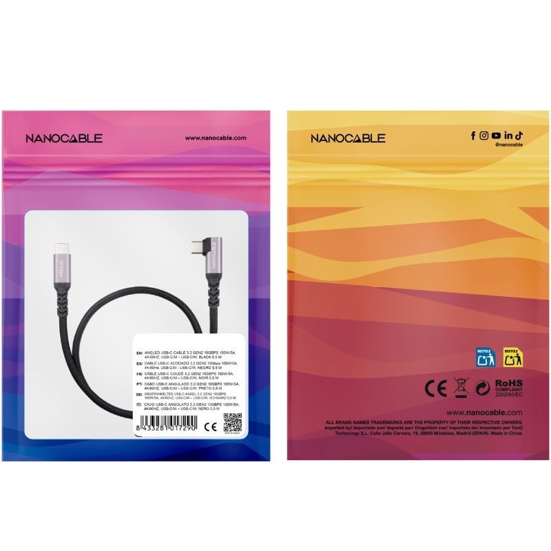 Cabo USB 3.2 Tipo-C Angular Nanocable 10.01.4702/ USB Tipo-C Macho - USB Tipo-C Macho/ Até 100W/ 10Gbps/ 2m/ Preto