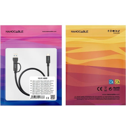 Cable USB 3.2 Tipo-C Nanocable 10.01.4800/ USB Tipo-C Macho/ USB Macho - USB Tipo-C Macho/ Hasta 60W/ 10Gbps/ 50cm/ Negro