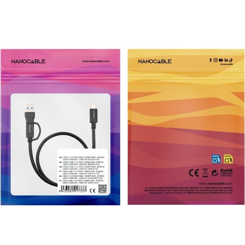 Cabo USB 3.2 Tipo-C Nanocable 10.01.4802/ USB Tipo-C Macho/ USB Macho - USB Tipo-C Macho/ Até 60W/ 10Gbps/ 2m/ Preto