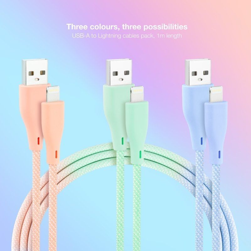 Cabos USB 2.0 Lightning Nanocable 10.10.0401-CO1/ USB Macho - Lightning Macho/ 1m/ 3 Unidades/ Rosa, Azul e Verde