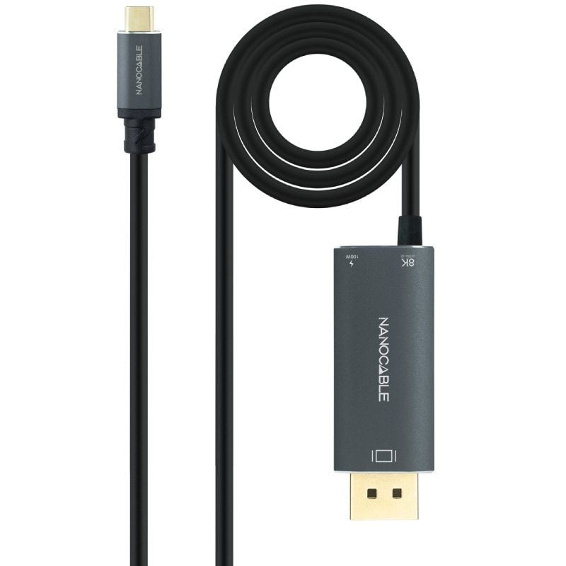 Cabo Conversor Nanocable 10.15.5012/ USB Tipo-C Macho - DisplayPort 8K Macho/ USB Tipo-C Fêmea/ Até 100W/ 1.8m/ Cinzento