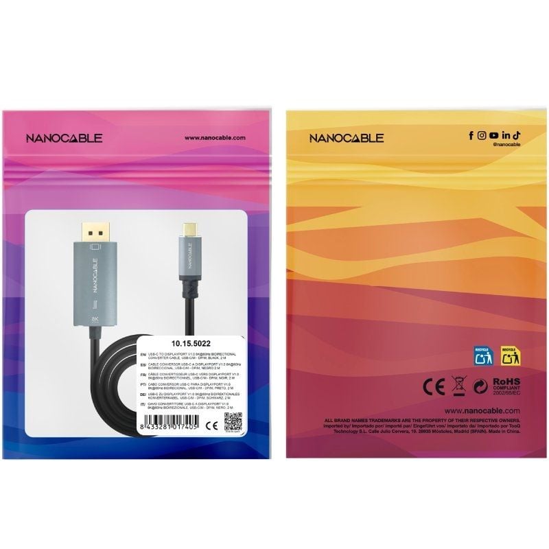 Cabo Conversor Nanocable 10.15.5022/ USB Tipo-C Macho - Displayport Macho/ 2m/ Preto
