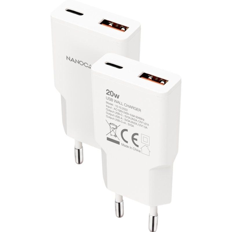 Cargador de Pared Nanocable 10.10.2022/ 1xUSB Tipo-C/ 1xUSB/ 20W/ Blanco