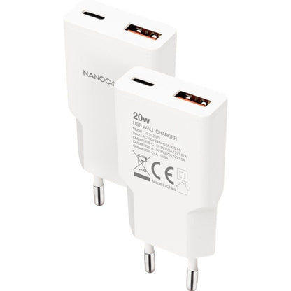 Cargador de Pared Nanocable 10.10.2022/ 1xUSB Tipo-C/ 1xUSB/ 20W/ Blanco