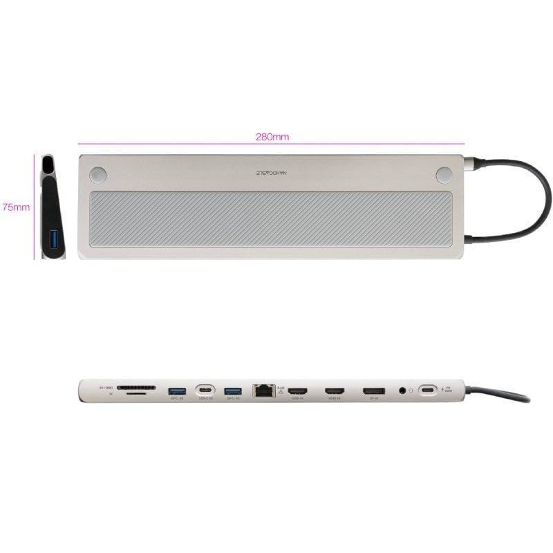 Docking Tipo-C Nanocable 10.16.1012/ 3xUSB/ 1xUSB Tipo-C/ 2xHDMI 4K/ 1xDisplayPort/ 1xRJ45/ 1xLector tarjetas/ 1xJack 3.5/ 1xUSB Tipo-C PD/ Gris