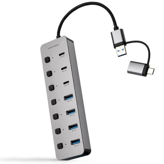 Hub USB + USB Tipo-C Nanocable 10.16.4510/ 4xUSB/ 3xUSB Tipo-C/ 1xUSB Tipo-C PD/ Cinzento